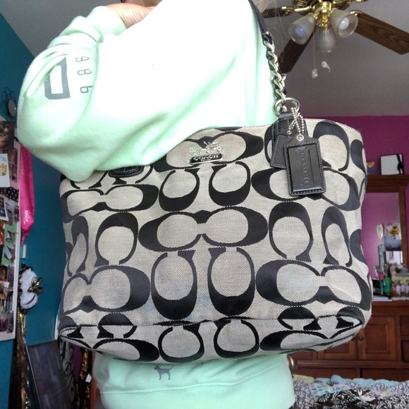 Coach Grey/Black Signature Canvas and Leather Tote - Picture 1 of 6